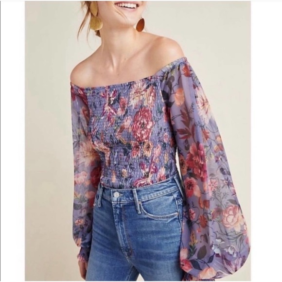 Anthropologie Tops - Anthropologie Rouen Purple Floral Smocked Blouse Long Balloon Sleeves Sz M